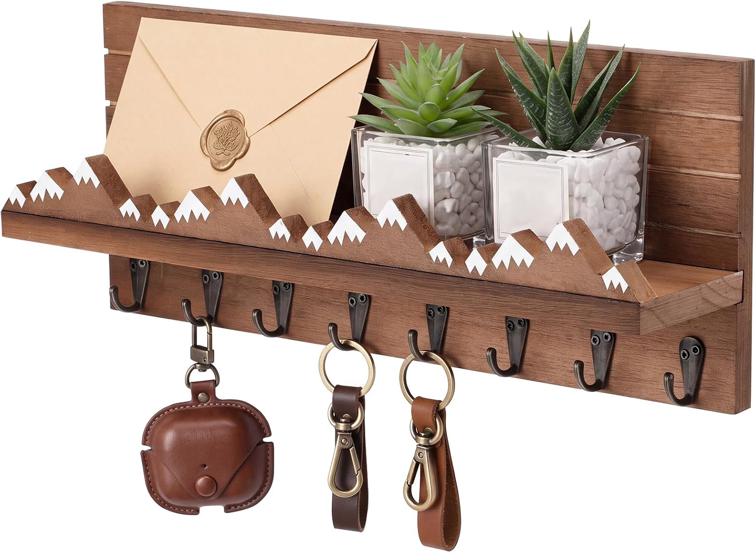 Novabright Snow Mountain Key Holder Wall Mount with Shelf Wooden Decorative Key and Mail Organizer Holder with 7 Hooks Rustic Floating Shelves for Home Entryway Front Door Decor