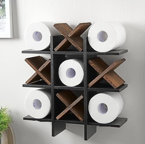 Miniatura 16 de Weysat Soporte de Papel Higiénico Tic Tac Toe Decoración de Pared de Baño Almacenamiento Colgante de Madera Rústica Estantes Independientes Montados