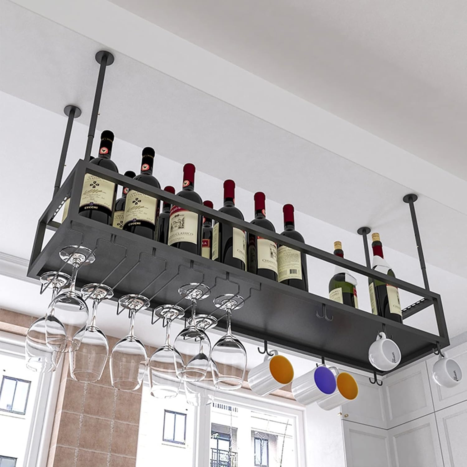 Wine Rack Metal Wine Racks Hanging Wine Storage Shelf Upside Down Wine Cups Holder Living Room Bar Restaurant Kitchen Ceiling Display Rack - Black,Black-60x25x21cm