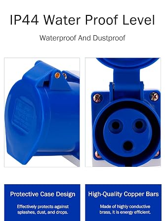 32 AMP Socket, 2P+E 220V to 250V IP44 Waterproof Wall Socket | 3Pin 1Phase Industrial Power Socke