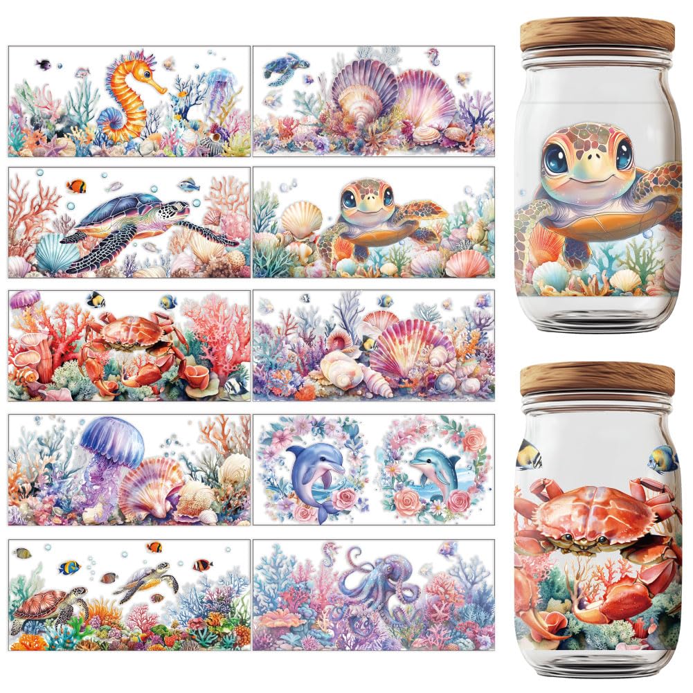 GOMAKERER 10 Sheets UV DTF Cup Wraps, 10 Styles Ocean Theme Decals Cartoon Rub on Decals Waterproof Transfer Stickers for Glass Cups Wood Crafts
