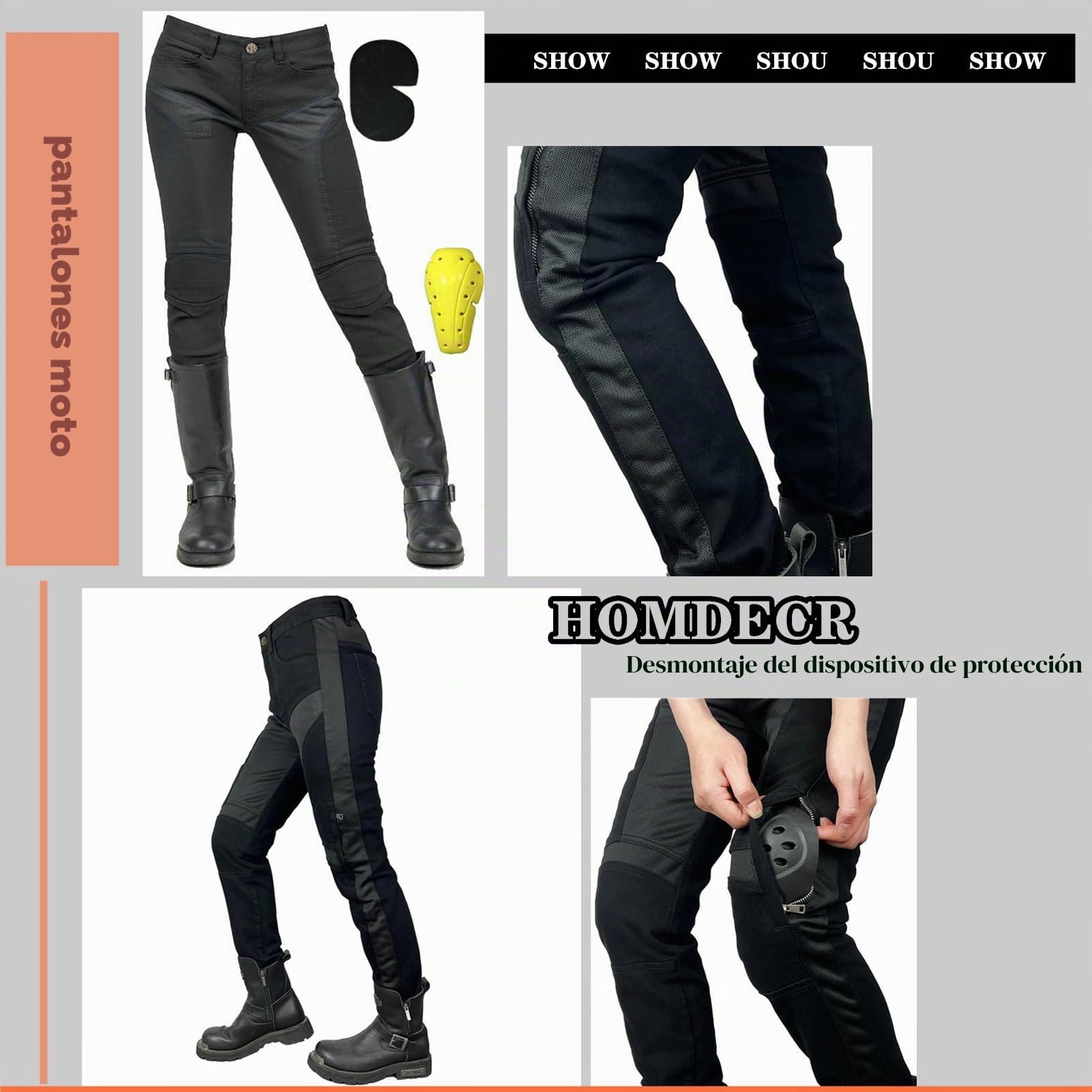 Pantalones De Moto para Mujer,Kevlar Vaqueros De Motociclista Elástico Carreras Senderismo Pantalones con Bolsillos Y 4 Almohadillas Protectoras Desmontables