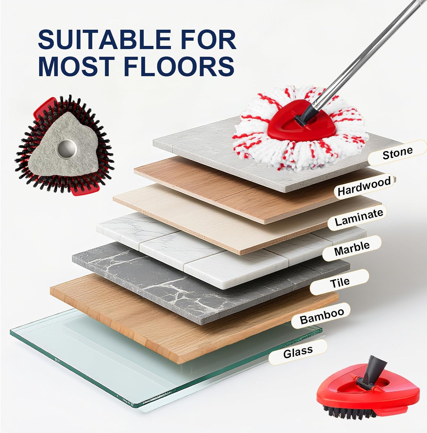 Spin Mop Replacements for O-Cedar EasyWring 1-Tank System: 4 Large Microfiber Mop Head Refills , Dual-Action Scrubber Brush, Adjustable Stainless Steel Handle, Durable Triangular Base