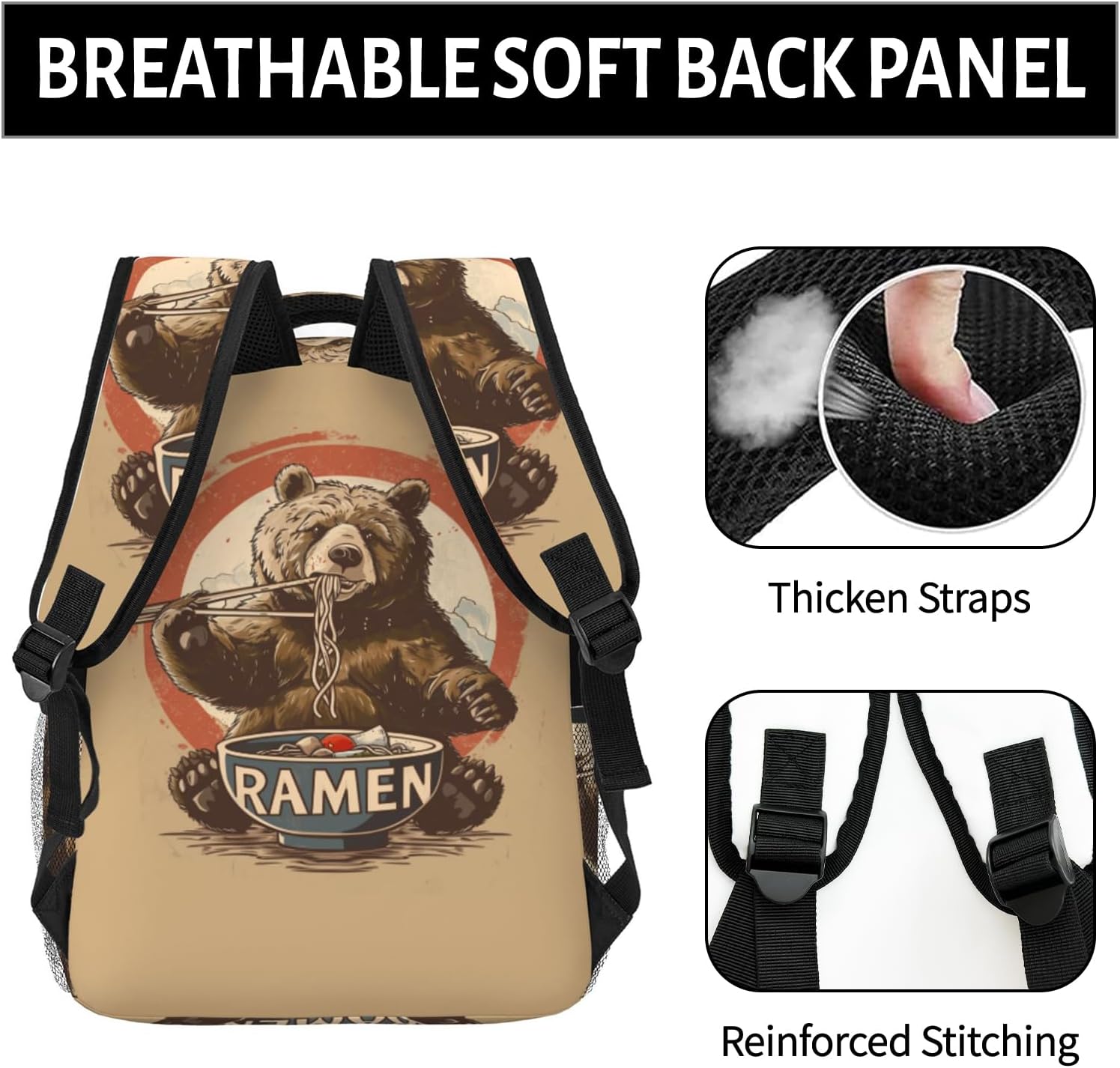 Ramen Bear Backpack, Travel Backpacks Laptop Rucksack for Women, School Bookbag for Kids Girls Boys Teens, Cute Animal Back Pack Accessories Bag for Work, Ideal Gifts for Wildlife Lovers