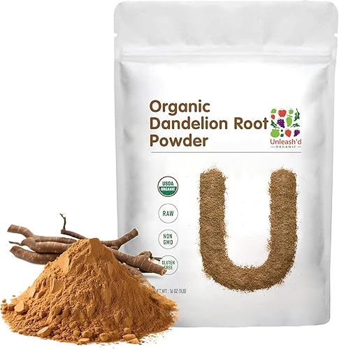 Unleash'd Organic Polvo de raíz de diente de león 16oz  Vegano orgánico, para té y bebidas, desintoxicación y apoyo digestivo