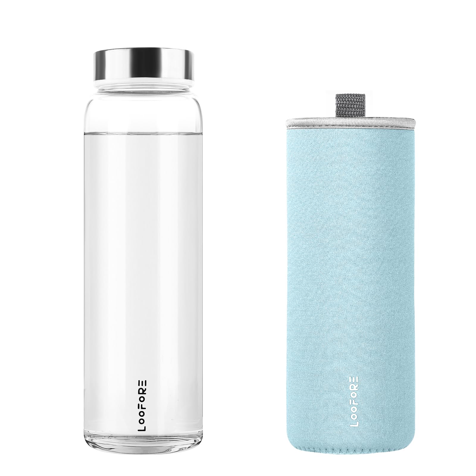 LOOFORE Glass Water Bottle 1000ml 1L with Wide Mouth and Neoprene Sleeve