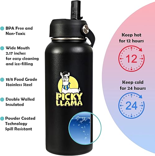 Miniatura 2 de Botella de agua deportiva de 32 onzas, 2 tapas (pajilla y boquilla), mango de paracaídas, a prueba de fugas, acero inoxidable aislado al vacío,