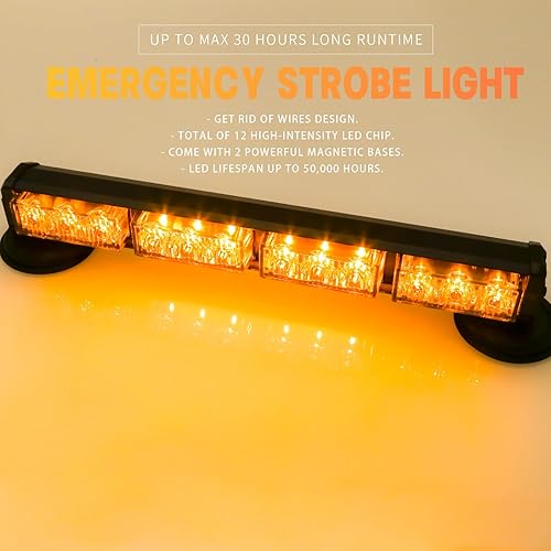 Miniatura 2 de BooYu Barra de luces estroboscópicas de emergencia con batería ámbar de 14.8 pulgadas para camión, vehículo, remolque, recargable, en la carretera,