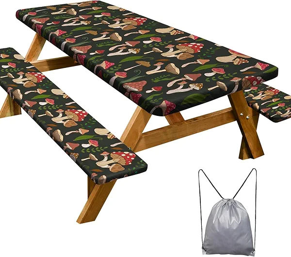 Picnic Table Cover with Bench Covers Camping Essentials Waterproof Windproof Camping Tablecloth with Drawstring Bag, Fitted Rectangle Tables and Seats, 72in, Black Red