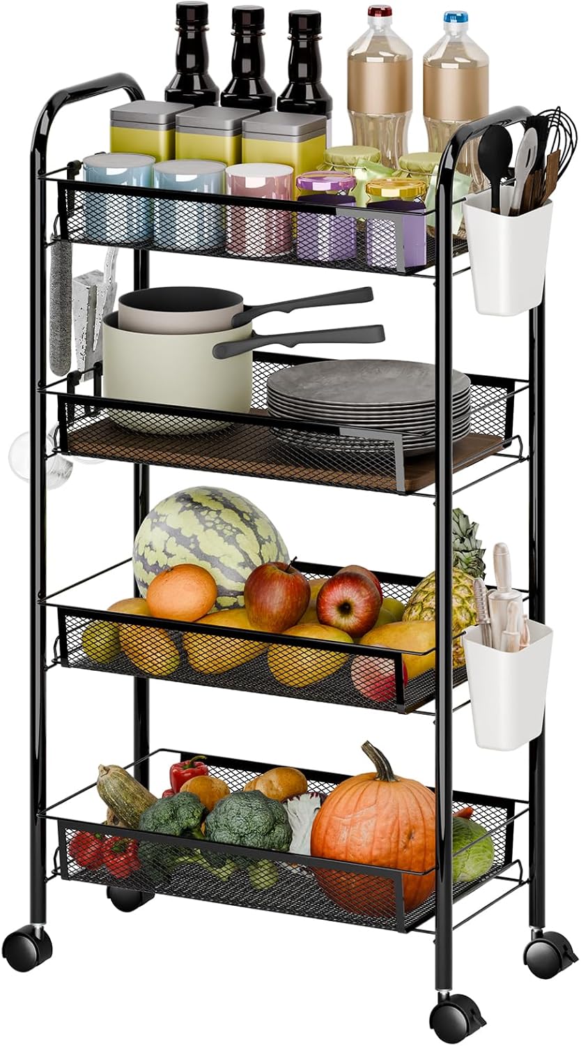 4-Tier Rolling Fruit Basket for Kitchen, Kitchen Storage Cart on Wheels, Stackable Mesh Basket for Fruit and Vegetable Storage, Metal Storage Rack Organizer for Office, Pantry, Bathroom