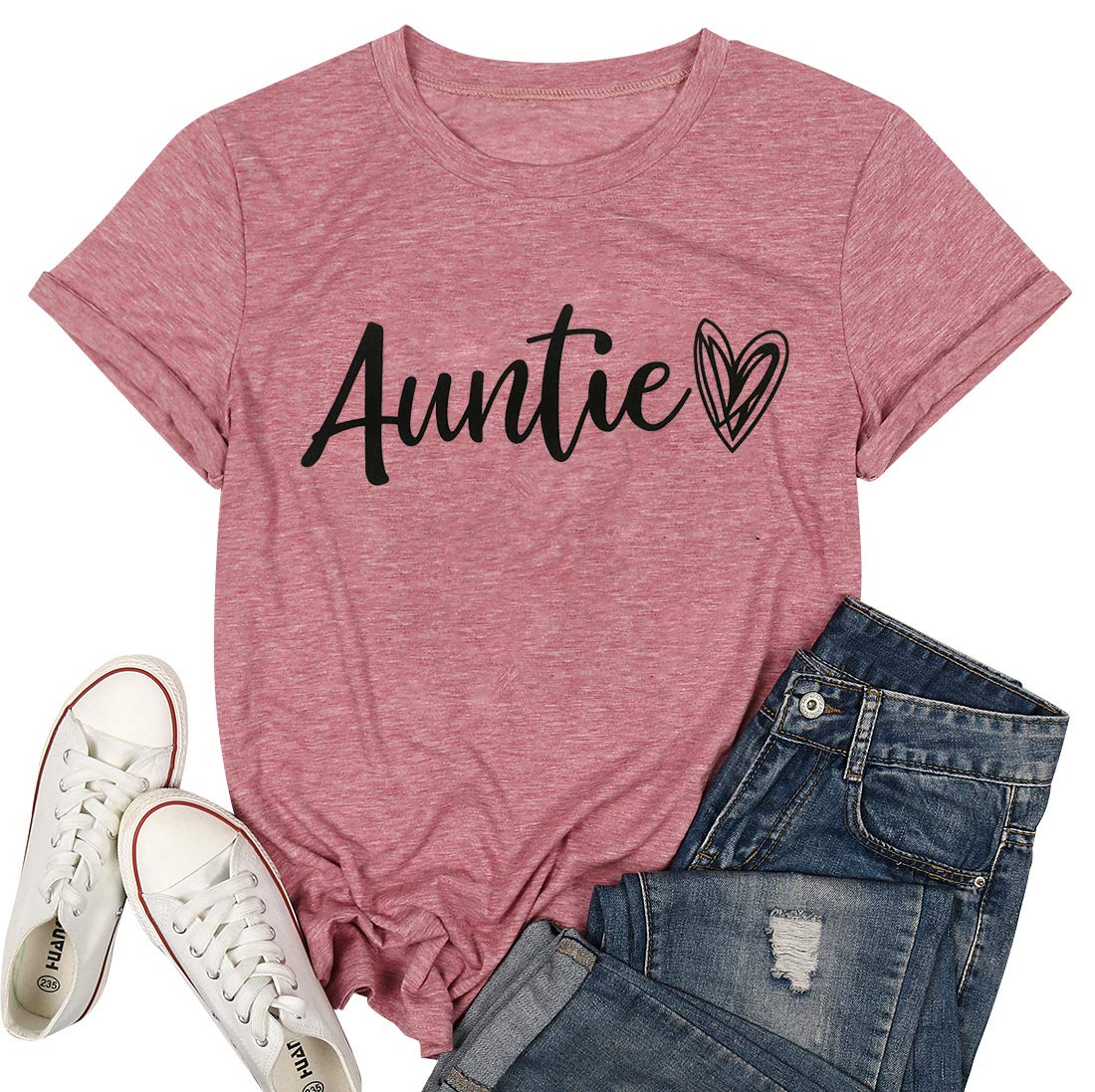 Auntie T Shirt Women Cute Love Heart Print Bless Aunt Tops Tees Casual Short Sleeve Vacation Shirts Tops