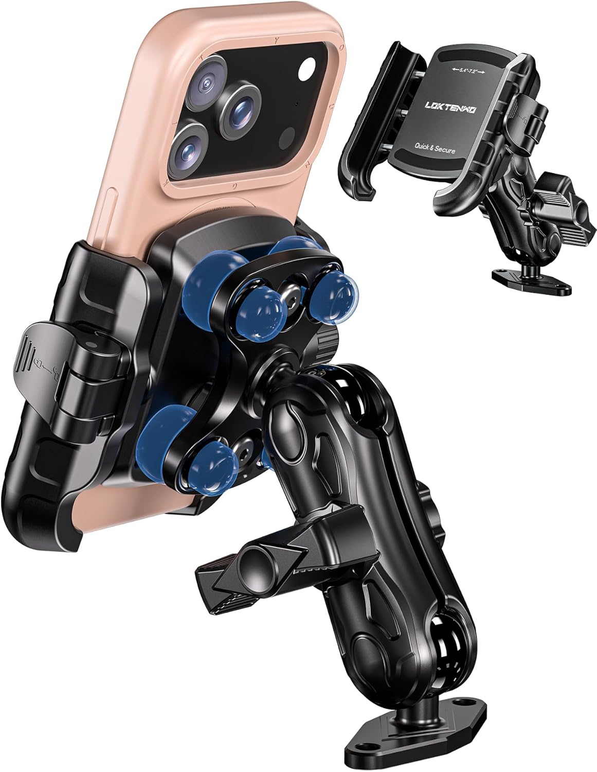 Anti-Vibration Phone Mount with Vibration Dampener [1s Lock & Release] [Camera Friendly] Aluminum AMPS Hole Diamond Plate Base & Medium Arm for Car Truck UTV Boat, Fit 5.4''-7.2'' Phones