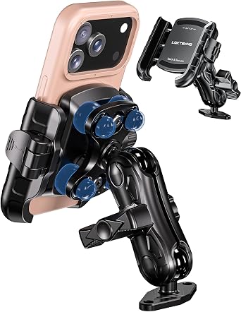 LOKTENWO Anti Vibration Phone Mount, 1s Lock & Release Phone Holder with Shock Dampener, Camera Friendly Aluminum AMPS Diamond Base Medium Arm for Car Motorcycle UTV Truck Boat, Fits 5.4"-7.2" Phones