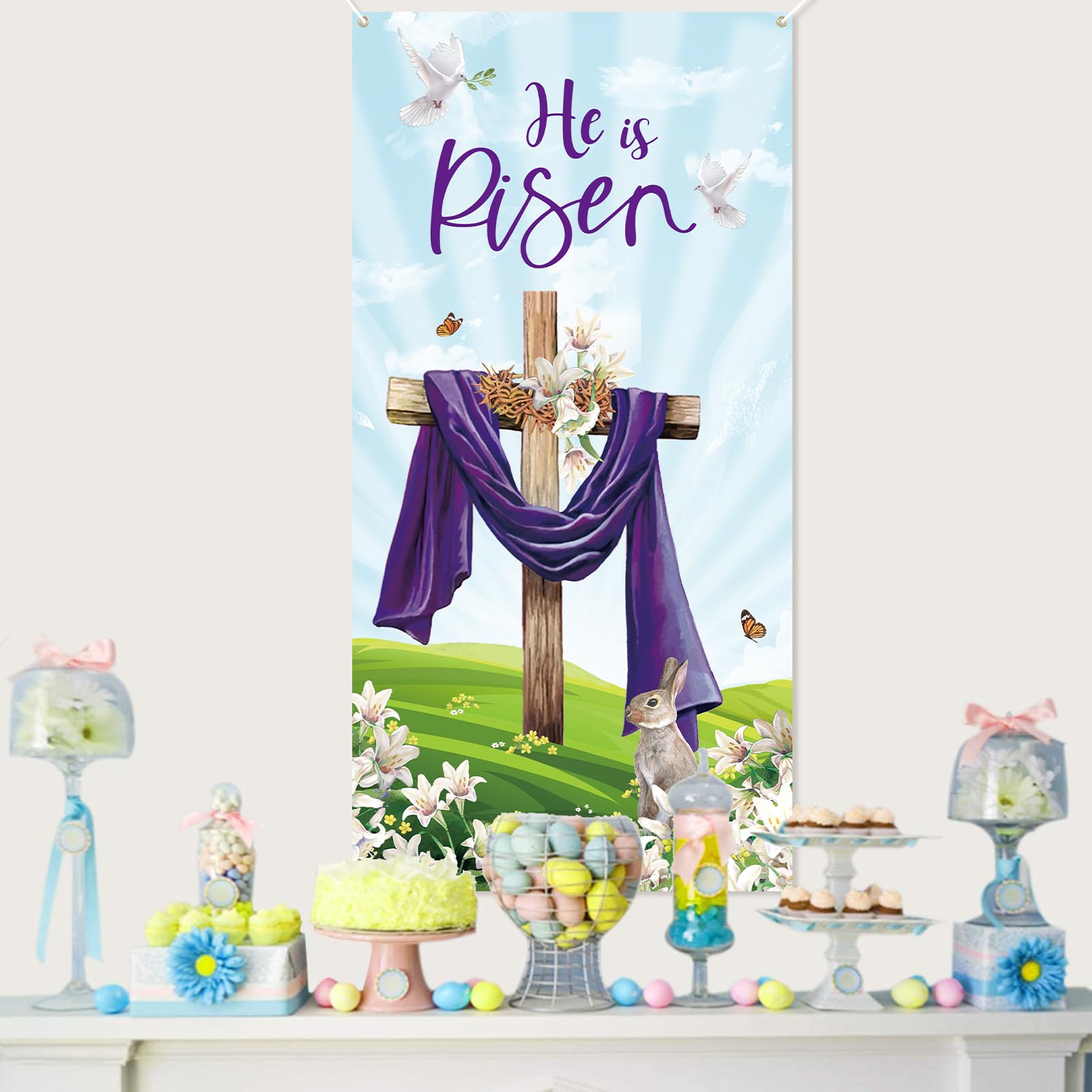 Happy Easter He Is Risen Veranda Schild - Osterdekoration Mit Kreuz & Hasen Für Tür & Wand
