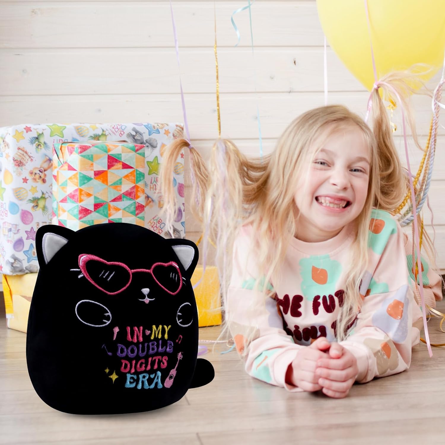 Black Cat 10th Birthday Stuffed Animal, 8 Inches Double Digits Birthday Plush Toy, in My Double Digits Era Plushies Gift Party Favors