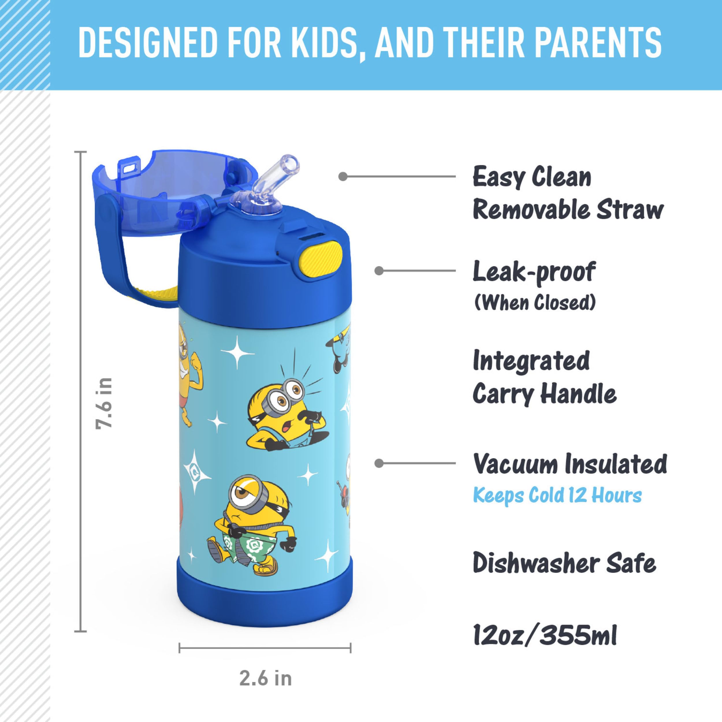THERMOS FUNTAINER Trinkflasche mit Strohhalm, 355 ml, Ich Einfach Unverbesserlich 4, Isolierte Edelstahl Wasserflasche für Kinder mit Deckel