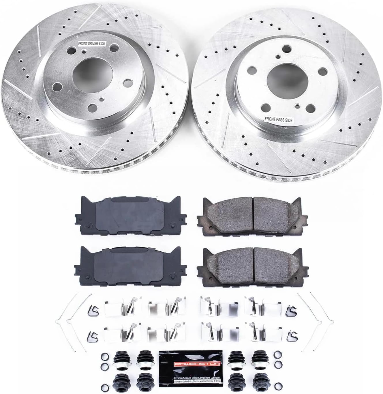 PowerStop Front Brake Kit For Lexus ES300h 2013-18 |ES350 2007-18 |Toyota Avalon 2008-18 |Camry 2007-17 - Drilled and Slotted Disc Rotors with Ceramic Brake Pads Replacement, K3053