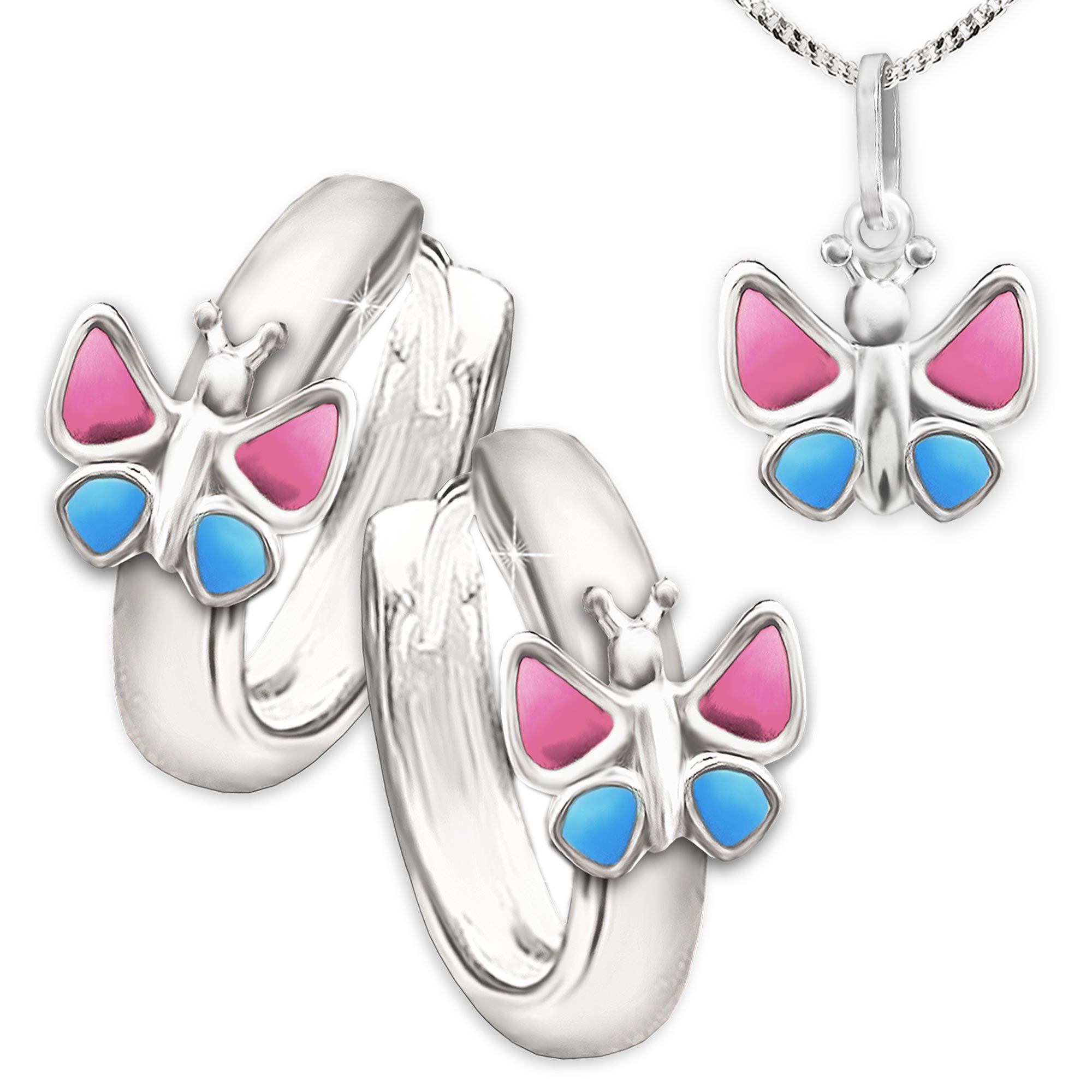Clever Schmuck zestaw srebrnych kreolek dziecięcych motyl różowy niebieski z pasującą zawieszką i łańcuszkiem pancerka 38 cm srebro sterling 925 w etui