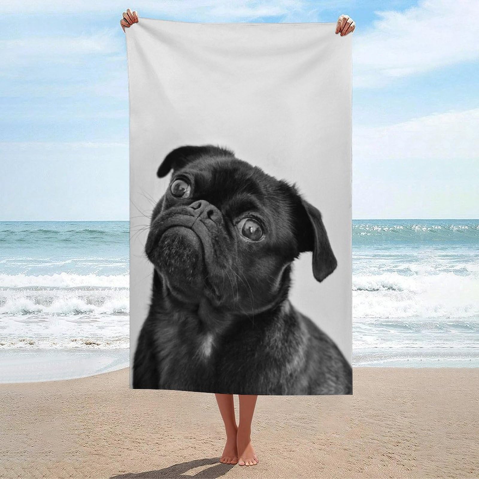 LWORZIIB Beach Towel, Cute Black Pug Dog Bath Towel, Absorbent Towel for Swimming, Sports, Travel