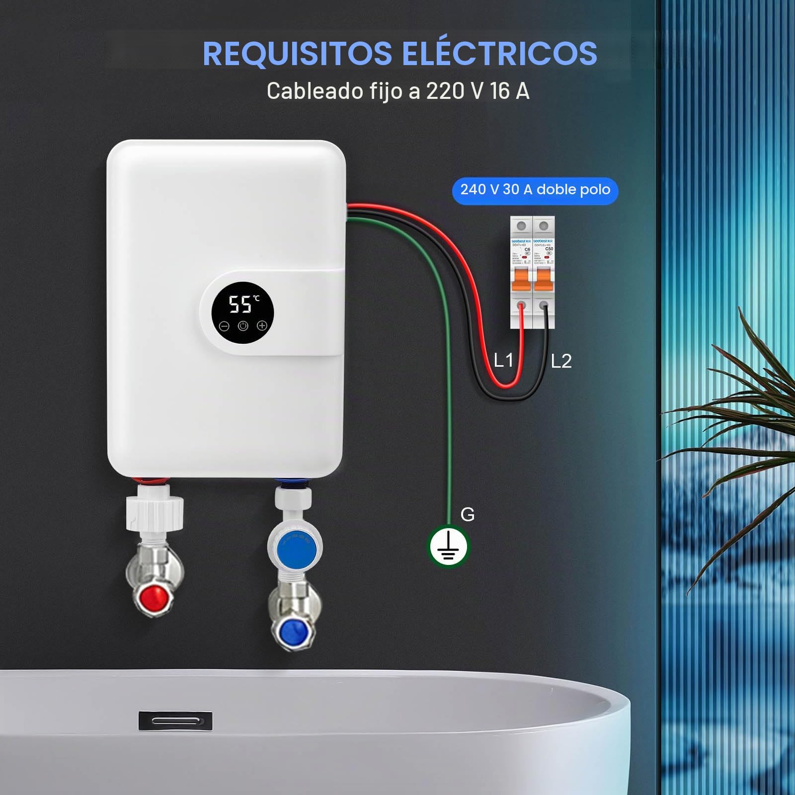 Calentador de agua instantáneo mini, 5500 W, 220 V, eléctrico, para debajo del fregadero, con pantalla LCD de temperatura, controlado electrónicamente. Ideal para ducha, baño y cocina