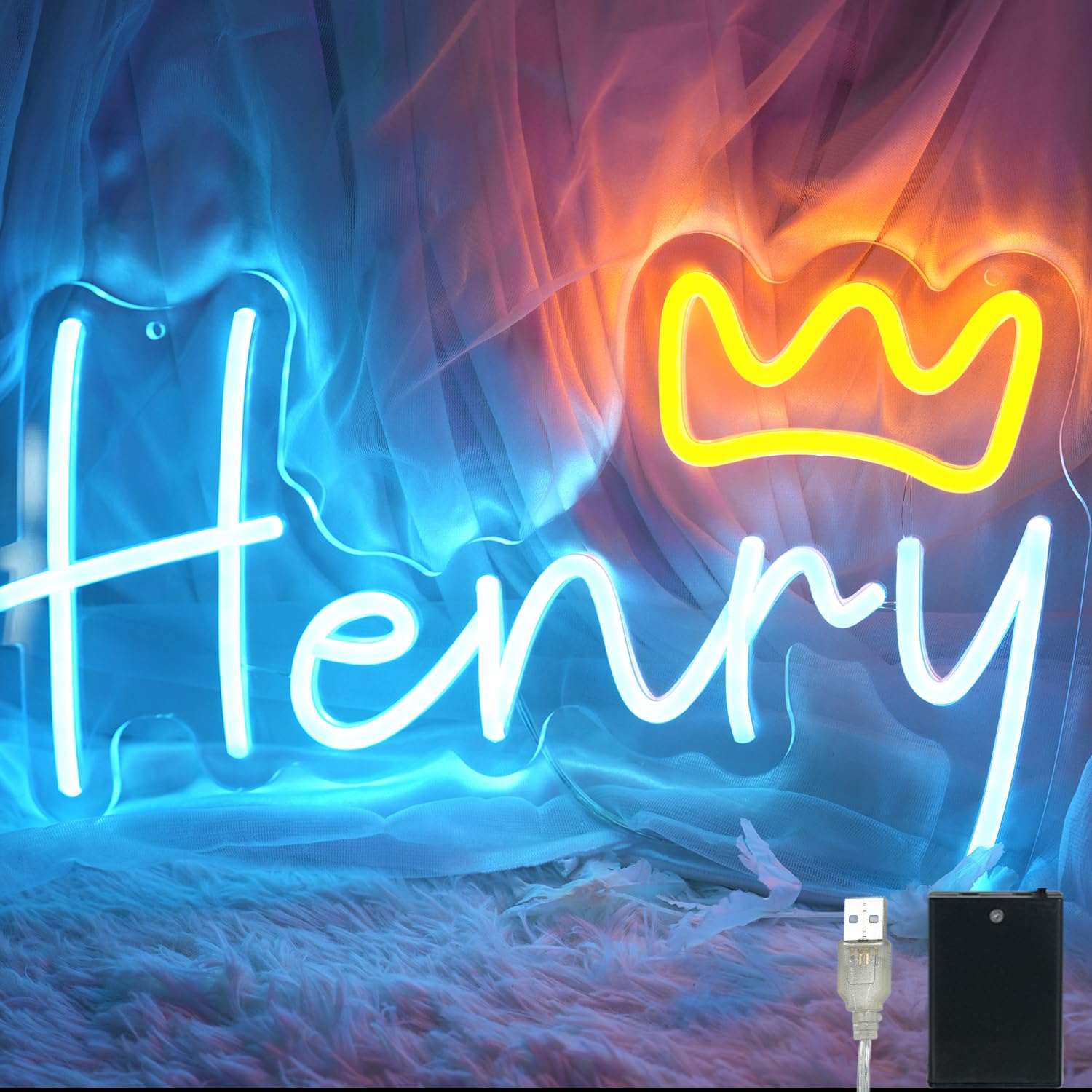 iDecomart Henry Name Neon Sign - Ice Blue Dimmable LED Wall Light, USB/Battery Powered Neon Lights, 16 Inch Boys Bedroom Decor & Birthday Party Gift