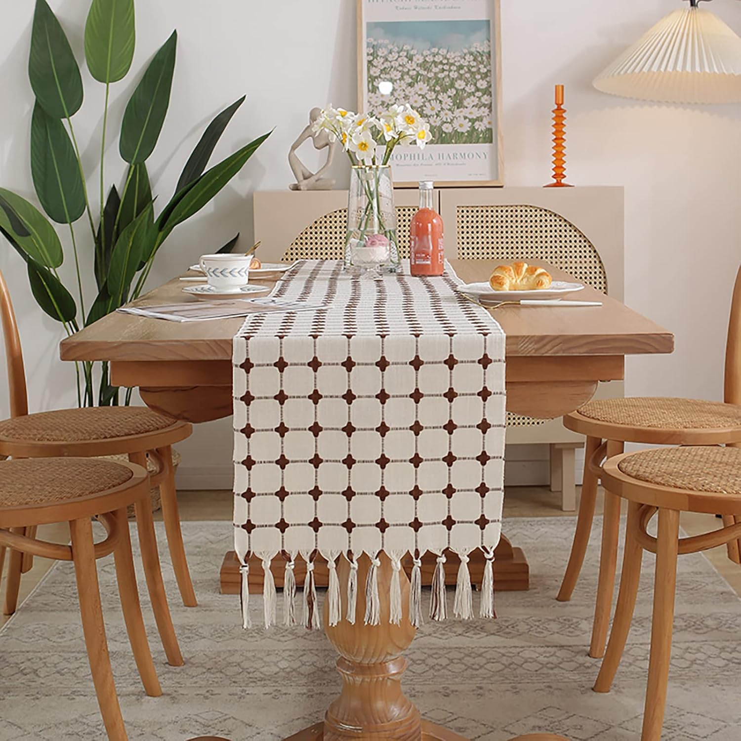 Hsvanyr Cotton Linen Table Runners Cover with Tassels Rectangle Embroidered Dresser Scarf for Kitchen Dining Coffee Table,13inch by 118inch,White Tablecloth with Coffee Brown Buffalo Plaid