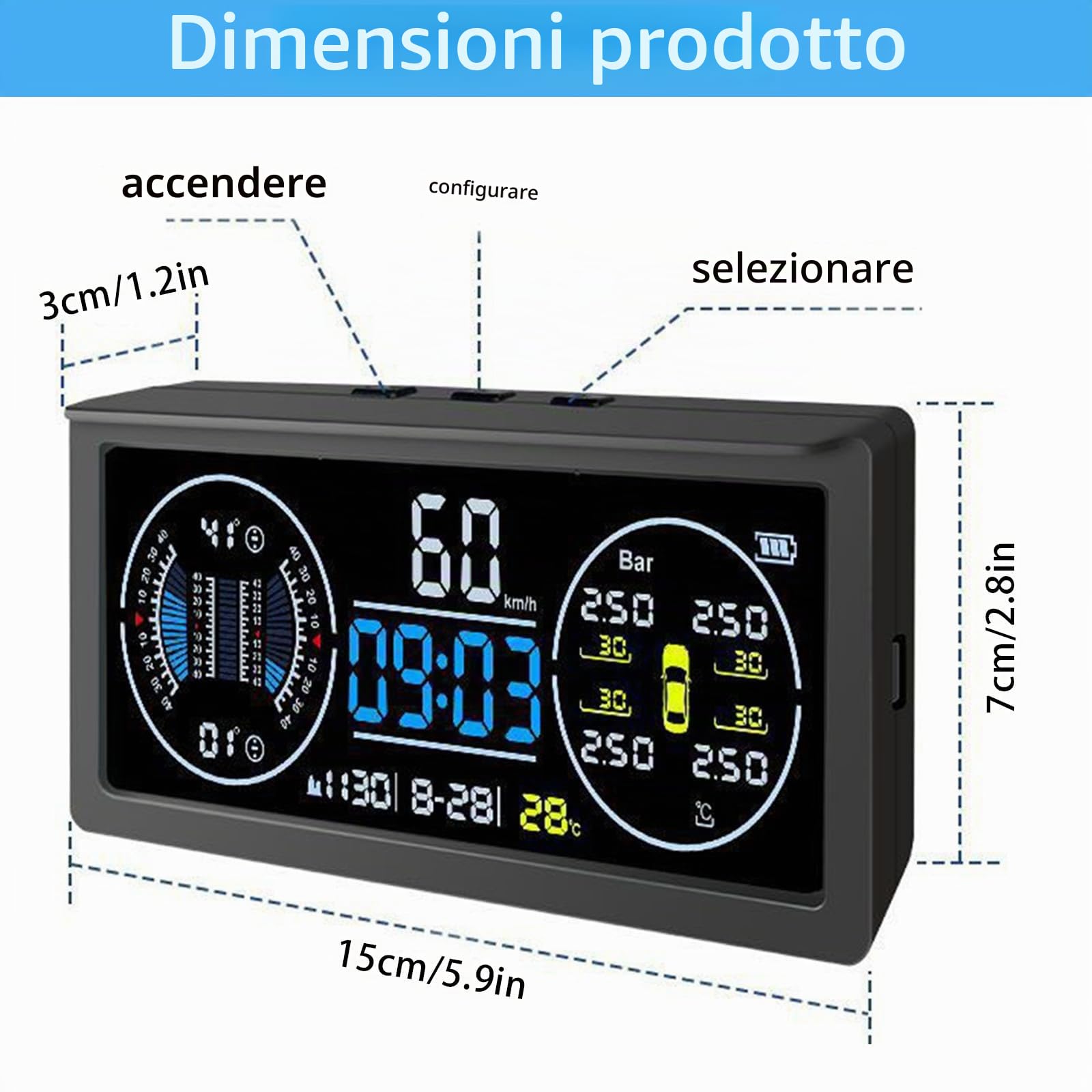 Sistema multifunzionale di monitoraggio della pressione dei pneumatici, TPMS con 4 sensori esterni, ricarica solare, monitor di velocità universale con display LCD a colori, 9,9 BAR/199 PSI