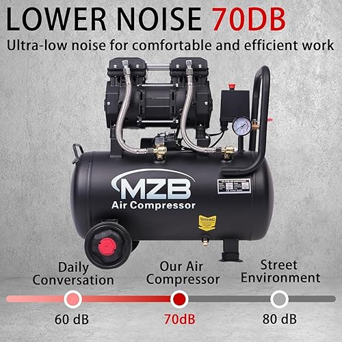 Miniatura 5 de MZB - Compresor de aire ultra silencioso de 6.4 galones, 110 V60 Hz, 1.5 HP 7.41CFM MAX 115 PSI, sin aceite, 70 dB, nivel de ruido, compresor de