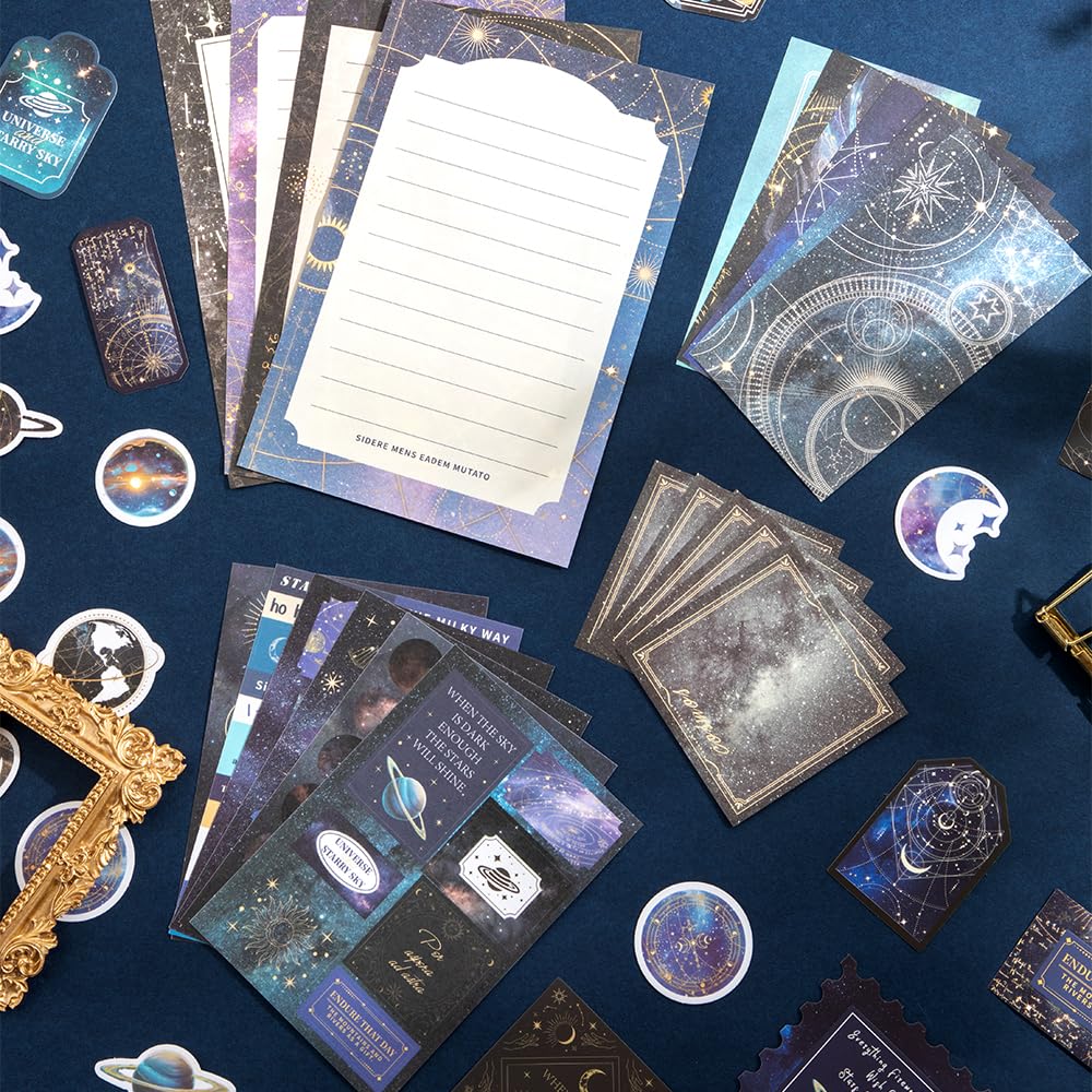icceemee Scrapbooking Supplies Kit, Blue Starry Sky Scrapbooking Kit for Bullet Junk Journaling, Stationery, A6 Grid Notebook, Floral DIY Note-Taking Supplies, Birthday Craft Gift for Teen Girls