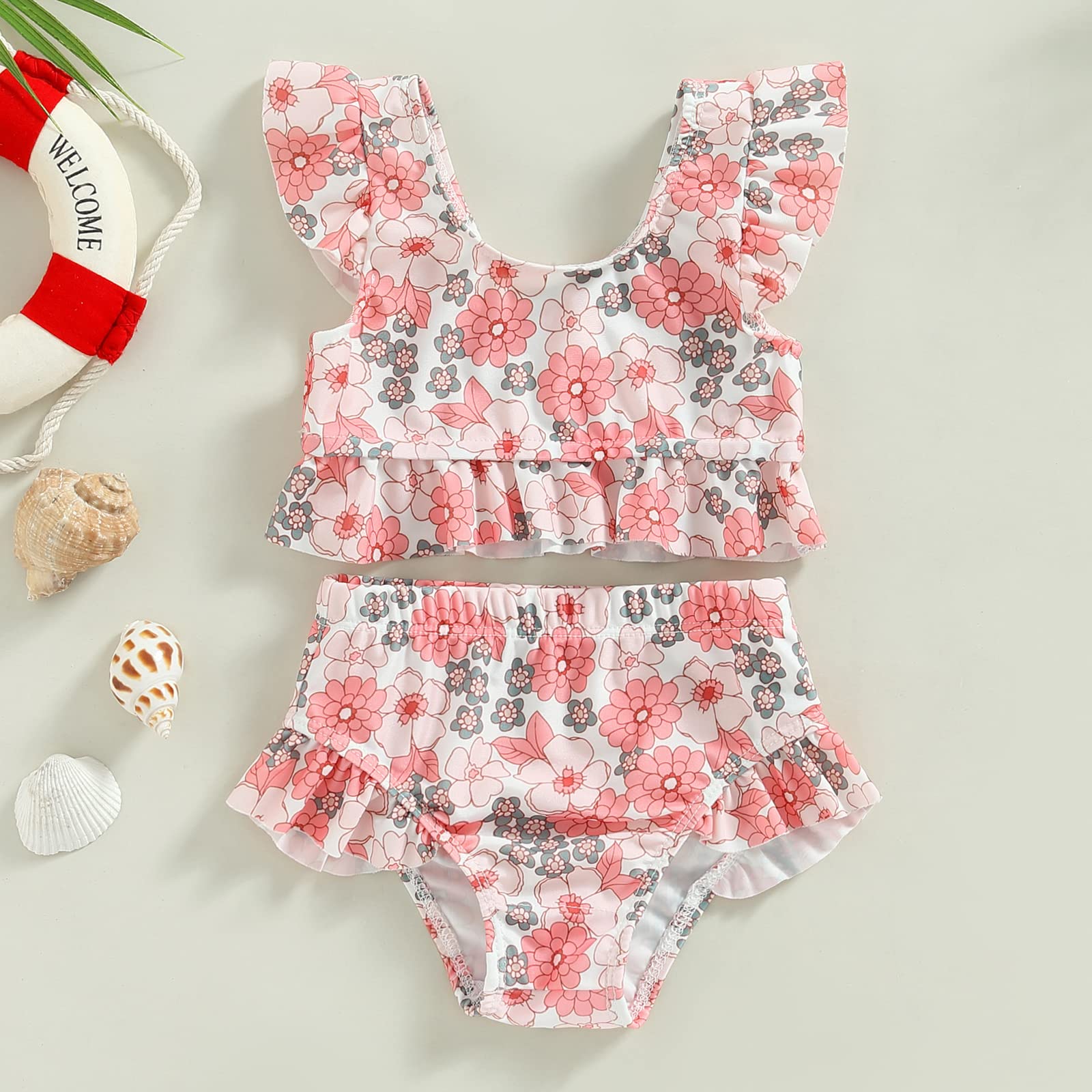Costume da Bagno 2 Pezzi Neonata Spiaggia Estiva Bikini Set Bambina Canottiera Senza Manica con Stampa a Fiori/Testa di Toro e Slip