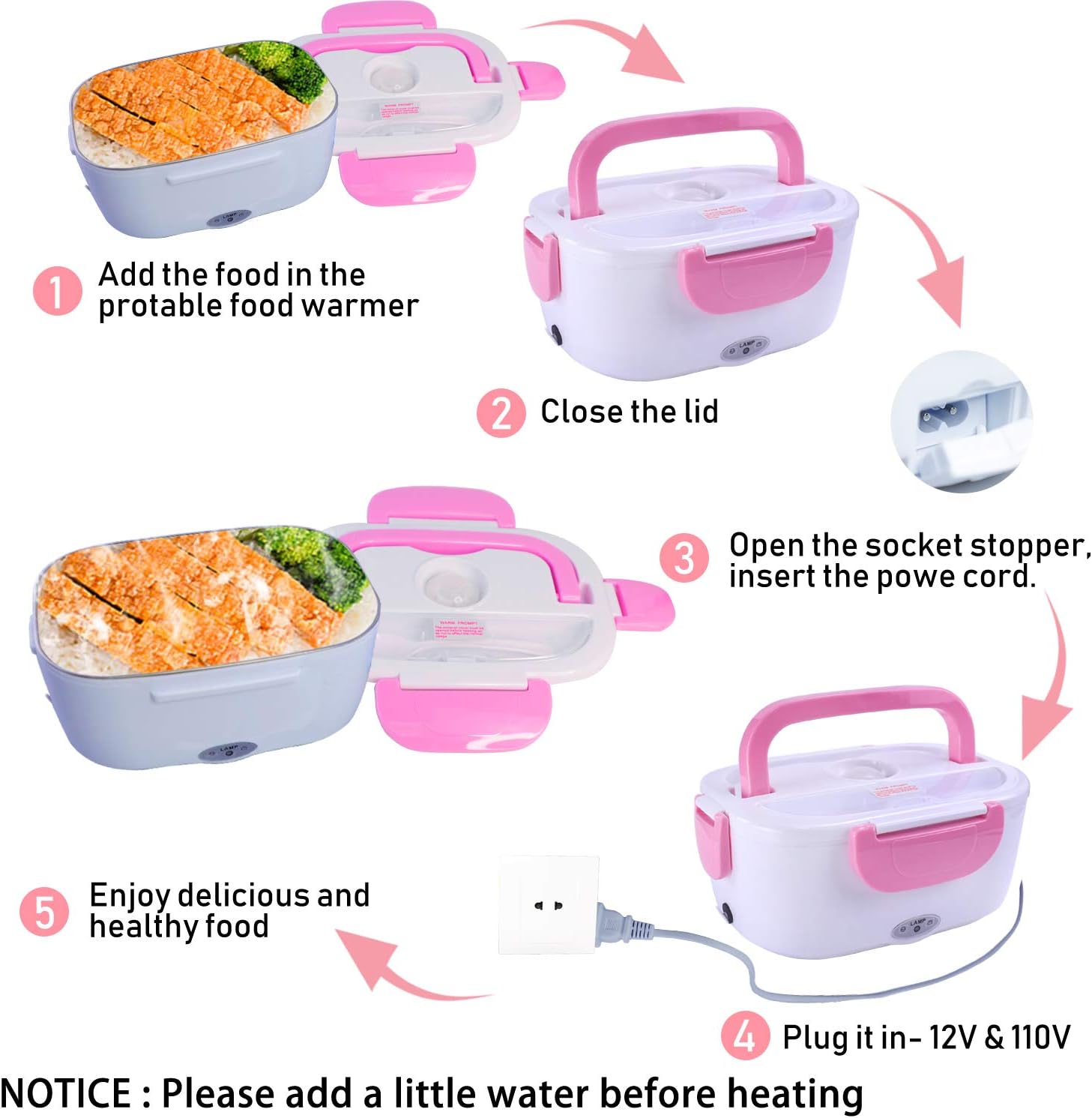 Mozing Electric Lunch Box Protable Food Warmer Heated Lunch Box For Car Truck Home Work Dual Use Removable Stainless Steel Container Multifunction Food Heater Portable Microwave 110V & 12V 40W,Pink