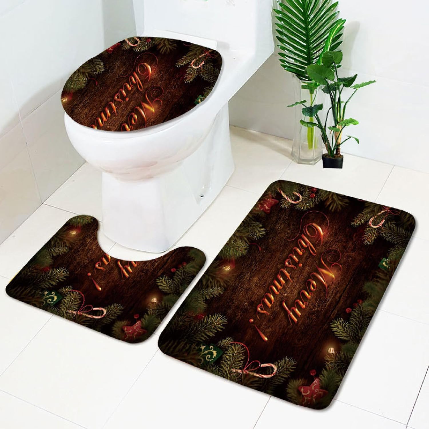 Set di tappetini da Bagno 3 Pezzi Marrone Verde Natale Antiscivolo per Bagno Tappeto Lavabile in Memory Foam Tappeto copriwater tappetini a Forma di U 50x80 cm