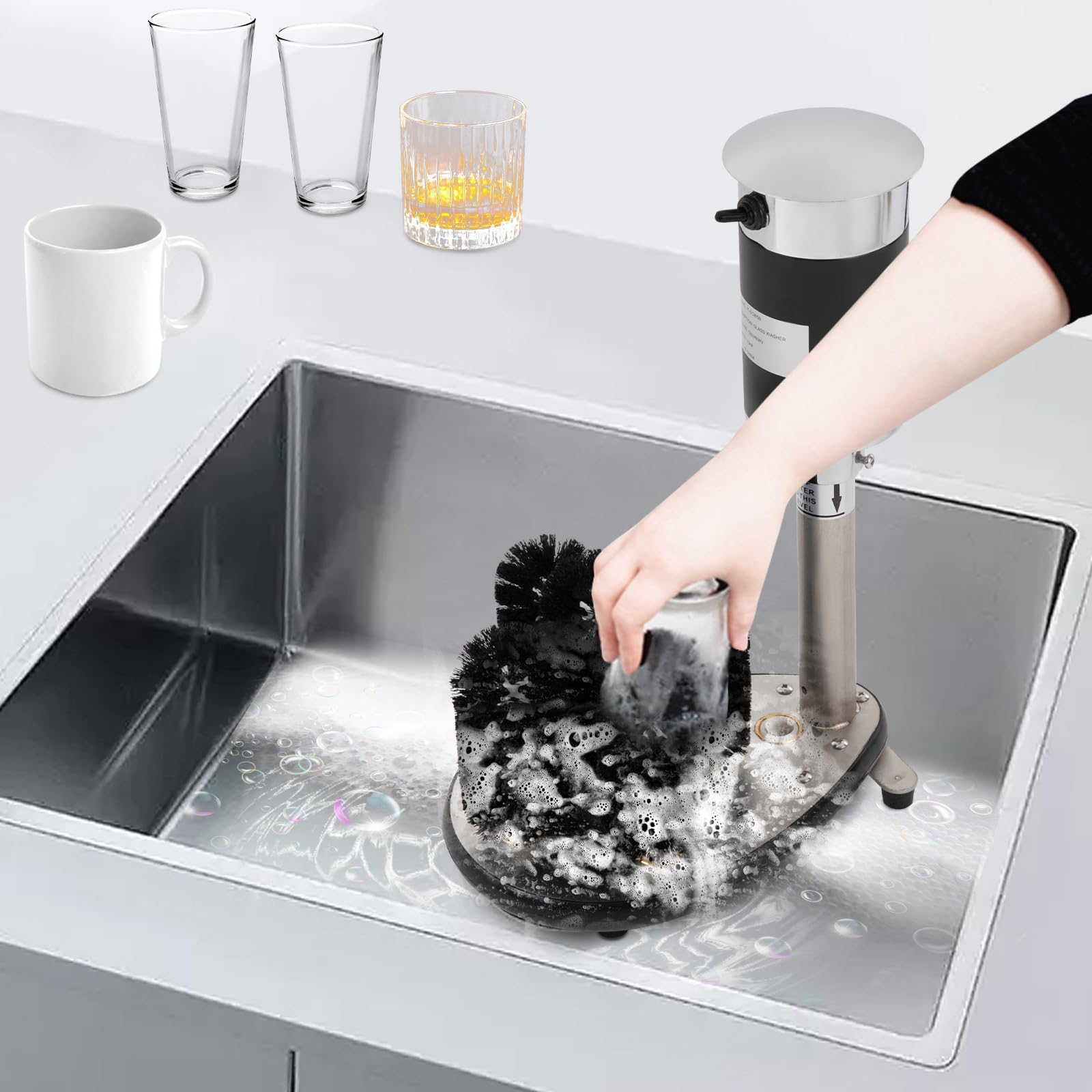 Electric Bar Glass Washer, Upright 5-Brush Glass Washer Wine Glass Cleaning Machine Perfect for Bars and Cafes (Silver)