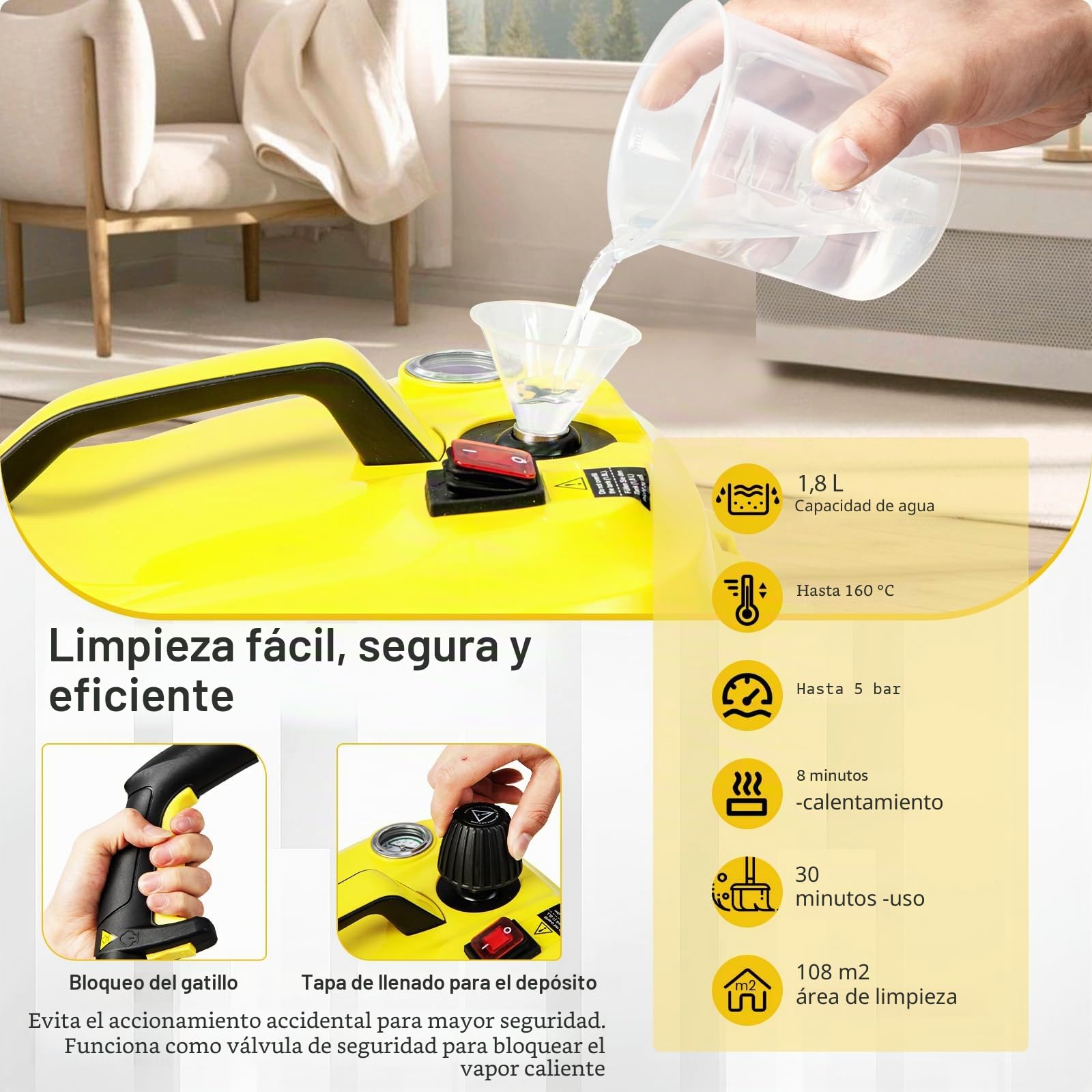 RELAX4LIFE Limpiador a vapor, Presión de vapor: 5 bar, Potencia: 2000 W, Superficie de limpieza: 108 m², Capacidad del tanque: 1,8 L, Tiempo de calentamiento: 8 min., con juego de limpieza para suelos