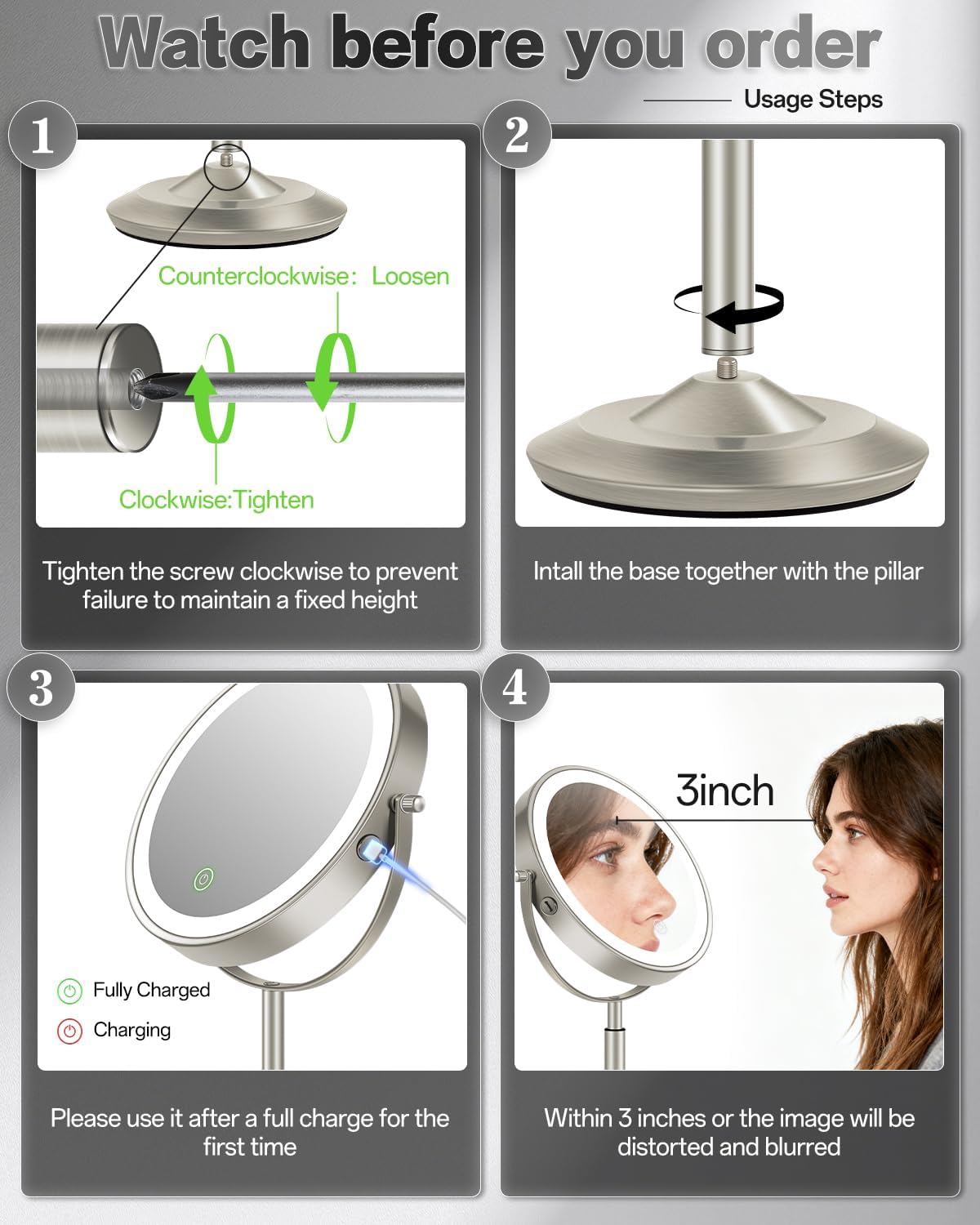 VFD 30X/1X Makeup Mirror with Lights, Height Adjustable Lighted Magnifying Vanity Mirror with 3 Lighting and Adjustable Brightness, 3000mAh Rechargeable Double Sided Switch for Desk Women Gift