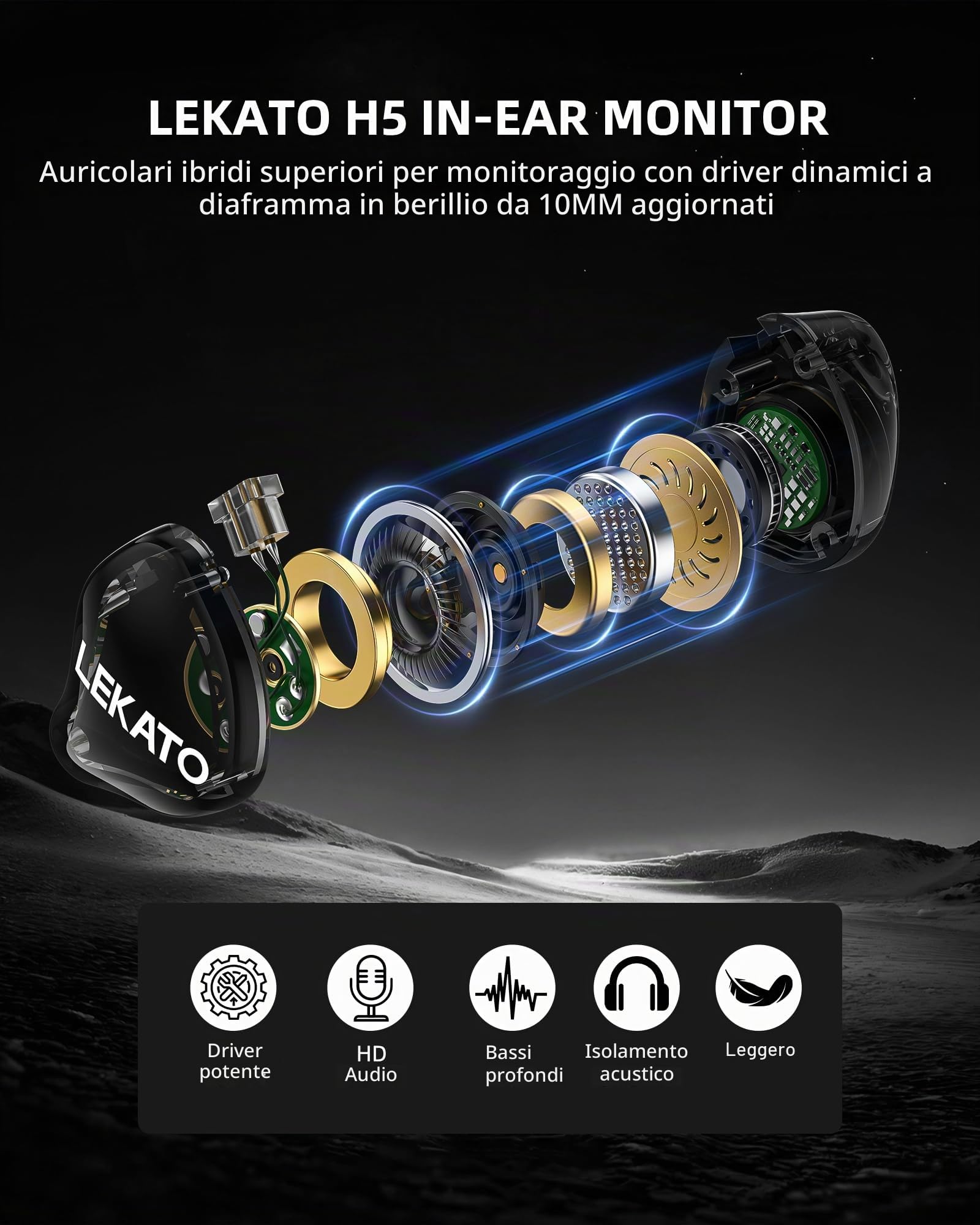 LEKATO Cuffie H5 In Ear Monitor Auricolari Hifi IEM ibridi Cavo staccabile 2Pin 1BA+1DD Auricolari da gioco cablati Isolamento acustico professionale con bassi profondi (senza microfono)