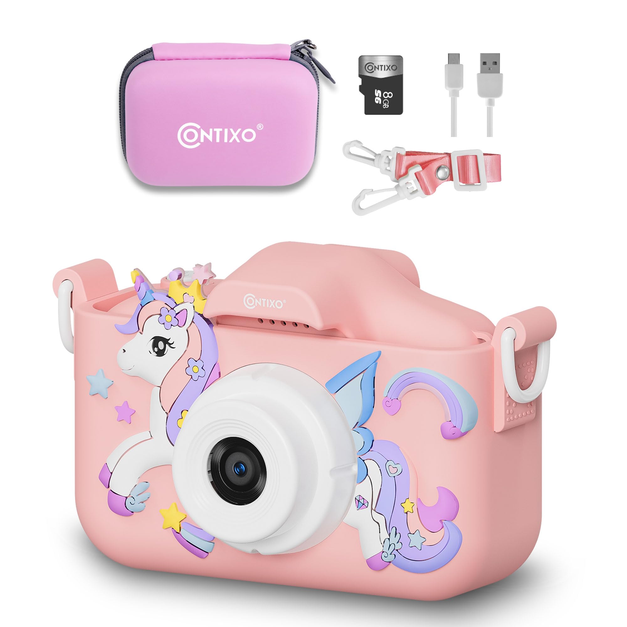 Contixo KC3 Kids Camera, 1080P Video Selfie Toddler Educational Digital Photo Cameras with Puzzle Games, Children Portable Toy for Boys Girls-Pink