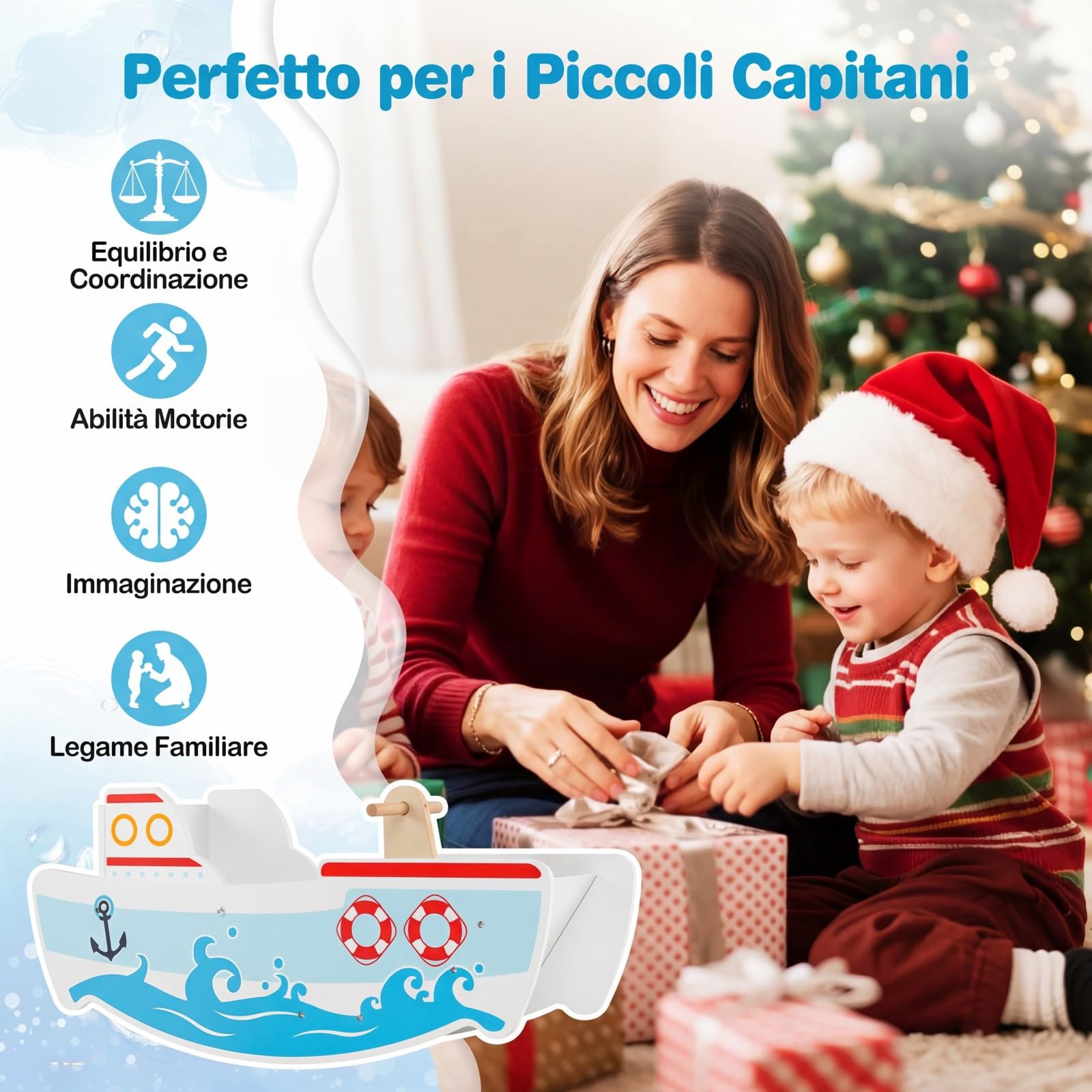 COSTWAY Cavallo a Dondolo per Bambini, Nave a Dondolo in Legno a Tema Nautico, Manici in Legno, Carico 50 kg, per Bambini 1-5 Anni