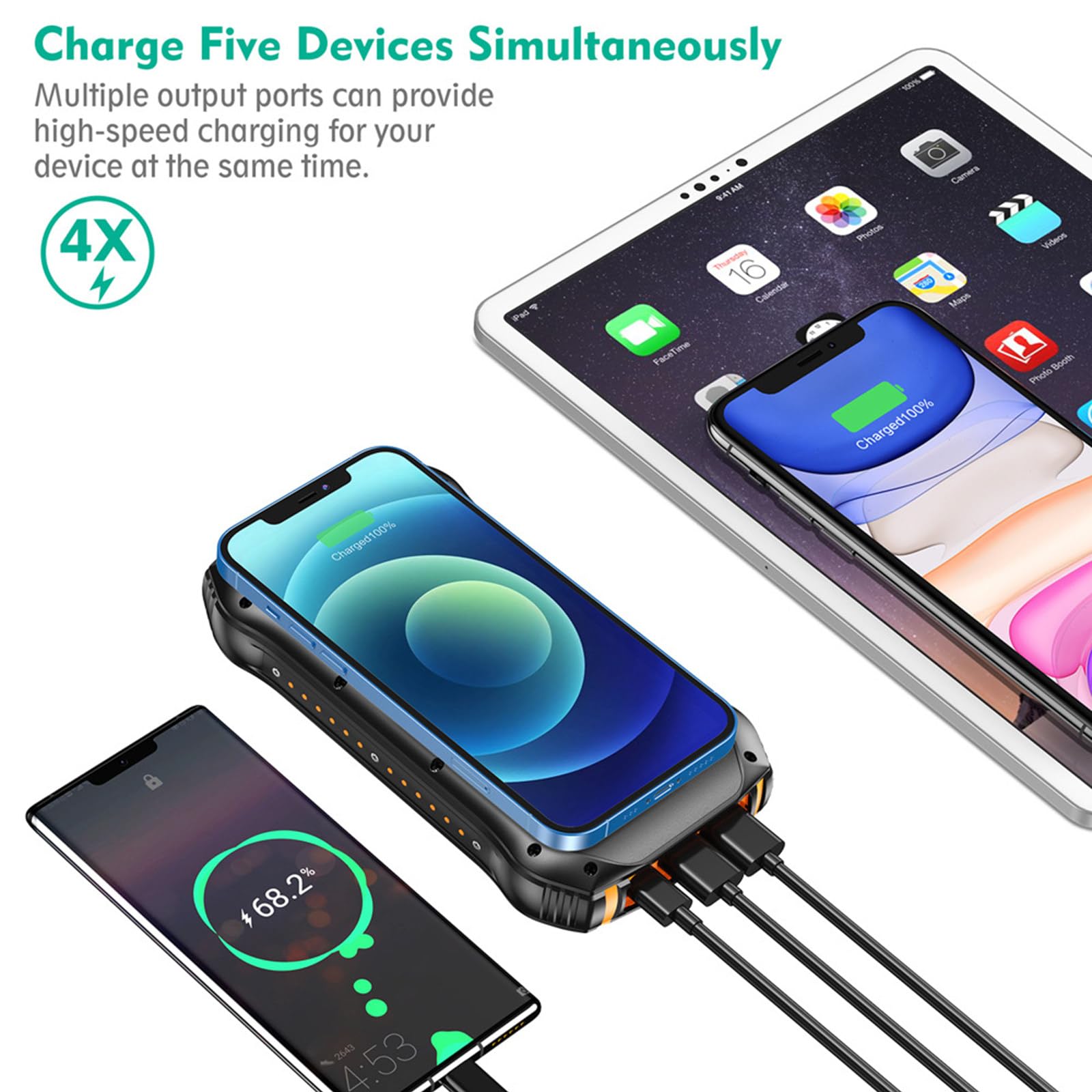 Power Bank Multifunzionale Impermeabile all'aperto 26800mAh PD18W Power Bank Solare a Carica Rapida con Torcia elettrica,Blue
