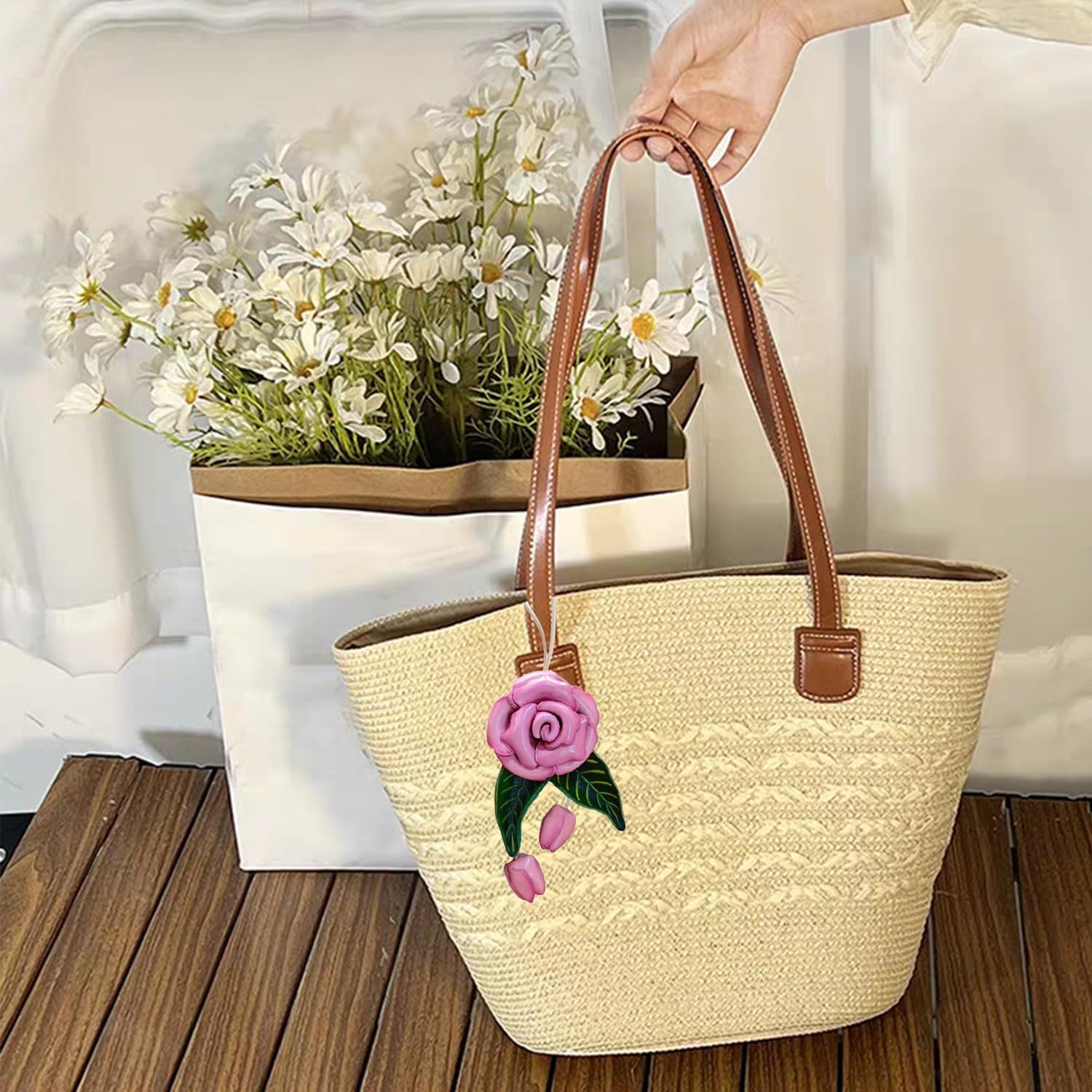 Handcrafted Leather Leaf Flower Bag Charm, Boho Accessories Leather Rose Flowers Key chain Purse Pendant Charms - Image 2