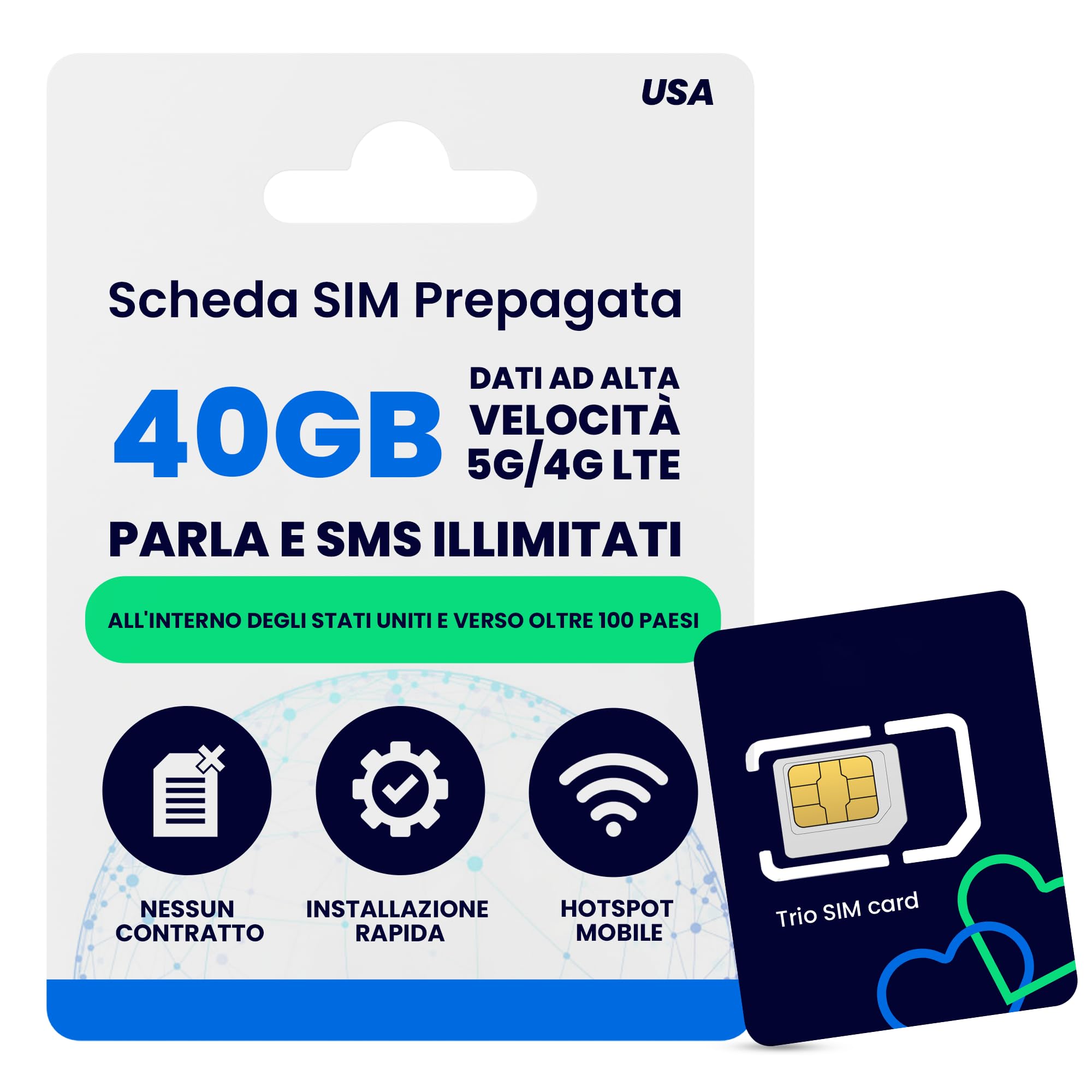 Scheda SIM Lycamobile 30 Giorni USA – 40 GB 4G/5G, Chiamate Internazionali Verso 100+ Paesi, Attivazione Rapida