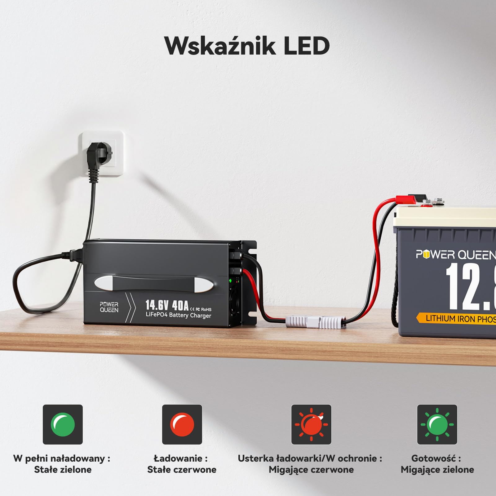 Power Queen 14,6V 40A LiFePO4 ładowarka do Akumulatorów LiFePO4 12V | akumulatorów AC-DC Smart Charger,z wyświetlaczem LED,wtyczką Andersona i włącznikiem/wyłącznikiem