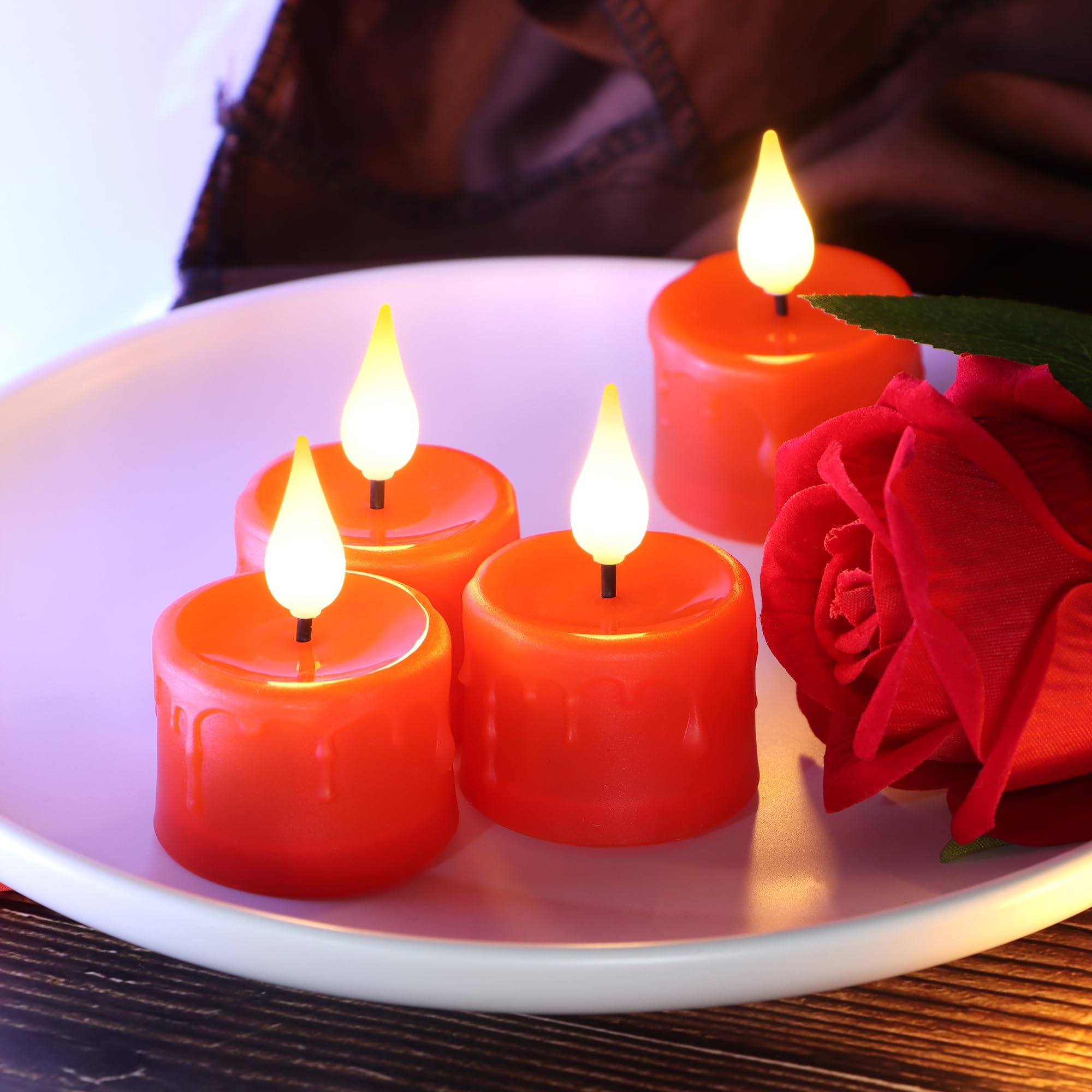 Velas de té recargables sin llama con base de carga y cable USB, control remoto y temporizador, luz blanca cálida parpadeante realista, paquete de 6 velas LED rojas