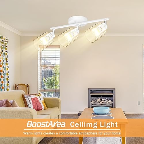 Miniatura 4 de BoostArea Lámparas de baño de 3 luces, modernas luces blancas de pared con pantalla de vidrio transparente, luz de techo flexible para espejo,