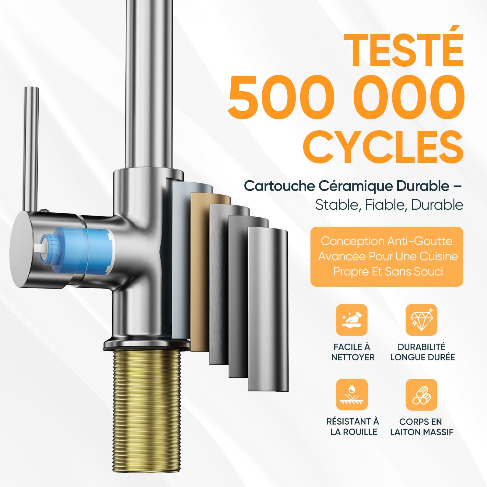 BESy Robinet de Cuisine avec Douchette Extractible, Pulvérisateur Escamotable à 2 Modes de Pulvérisation, Mitigeur Évier Monocommande 360° Pivotant à Arc Élevé, Nickel Brossé