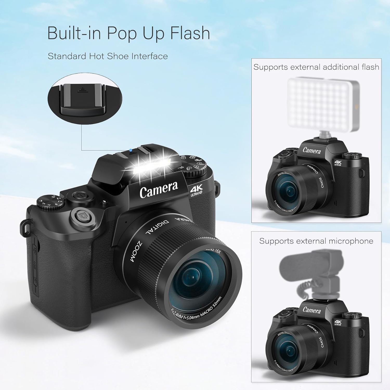 Digital Camera, 4K 64MP WiFi Touch Screen Vlogging Camera, 32GB SD Card, Lens Hood, Dual Cameras, 3000mAh Battery, 4" Display - Black