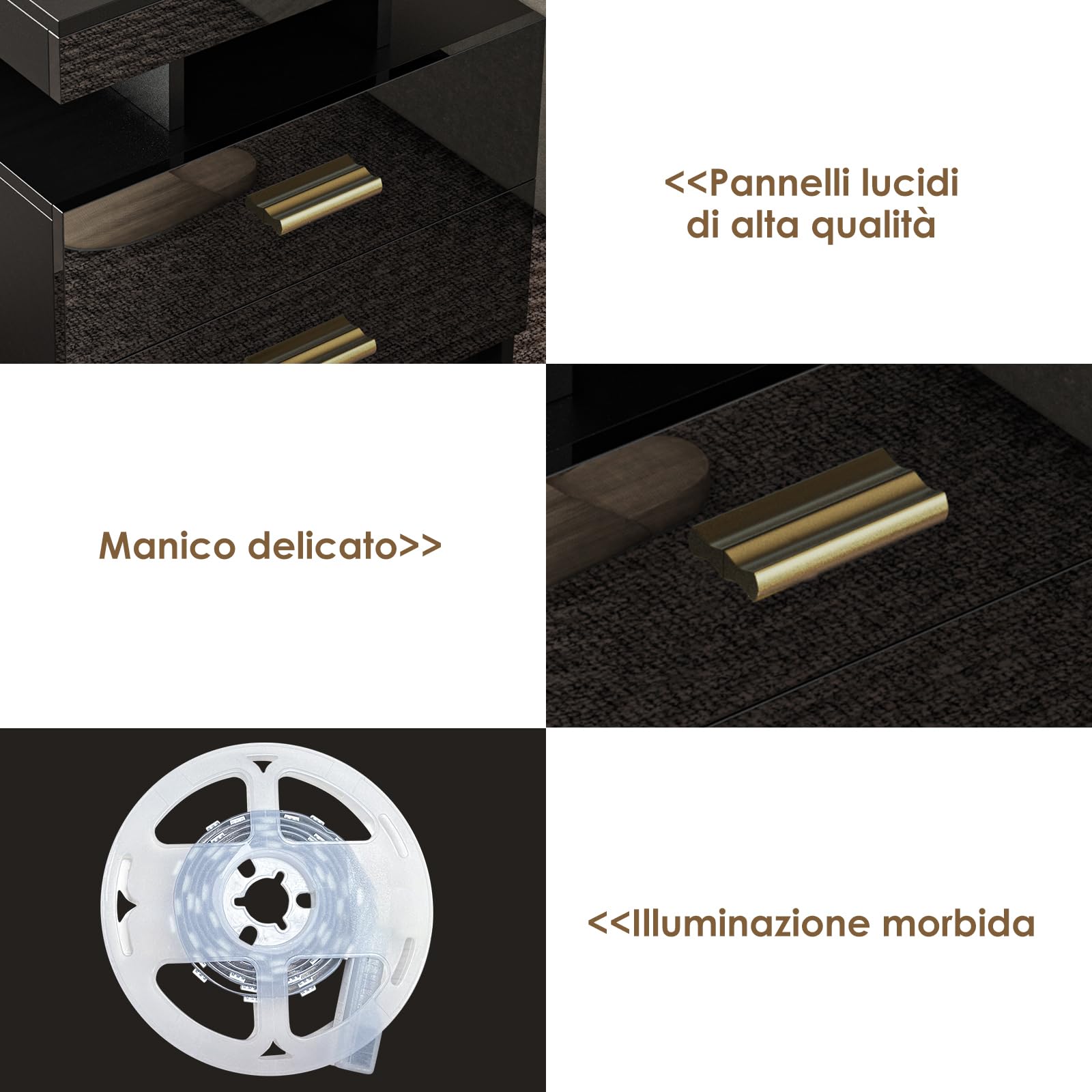 Set Di 2 Comodini Con Stazione Di Ricarica USB E Luci LED RGB - 16 Colori E Telecomando, 2 Cassetti, Finitura Lucida, Nero (50x40x58 Cm)