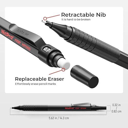 Miniatura 6 de Nicpro Juego de 30 lápices mecánicos de metal negro en estuche de cuero, lápices de dibujo de arte de 0.5, 0.7, 0.035 in, soportes para lápices de