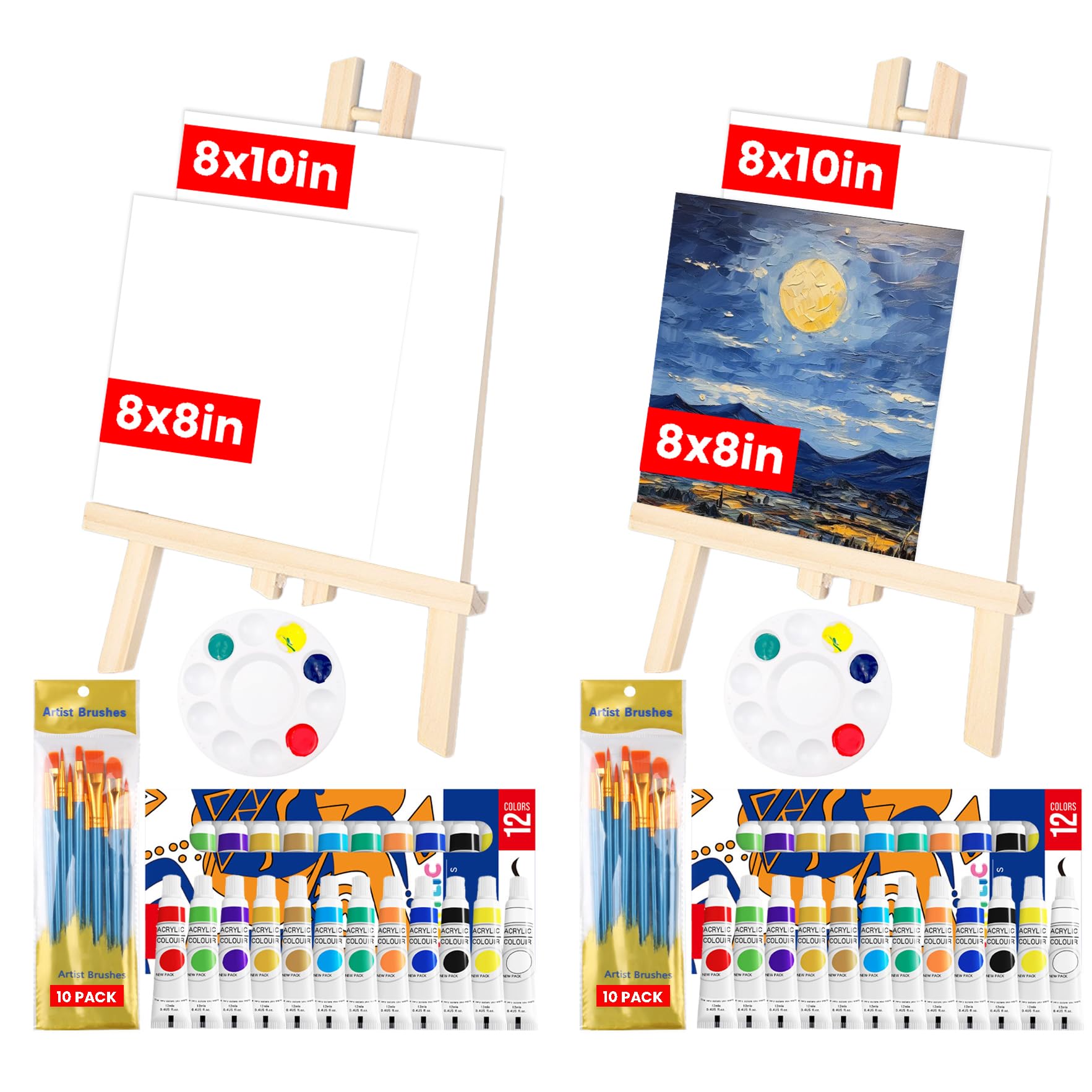 52 Pack Canvas Painting Kits for Kids Adults, 2 Set 12 Color Acrylic Paint Canvas and Easel Set for Party, 8 x 10in and 8 x 8in Canvas Paint Party Supplies Kit for Painting
