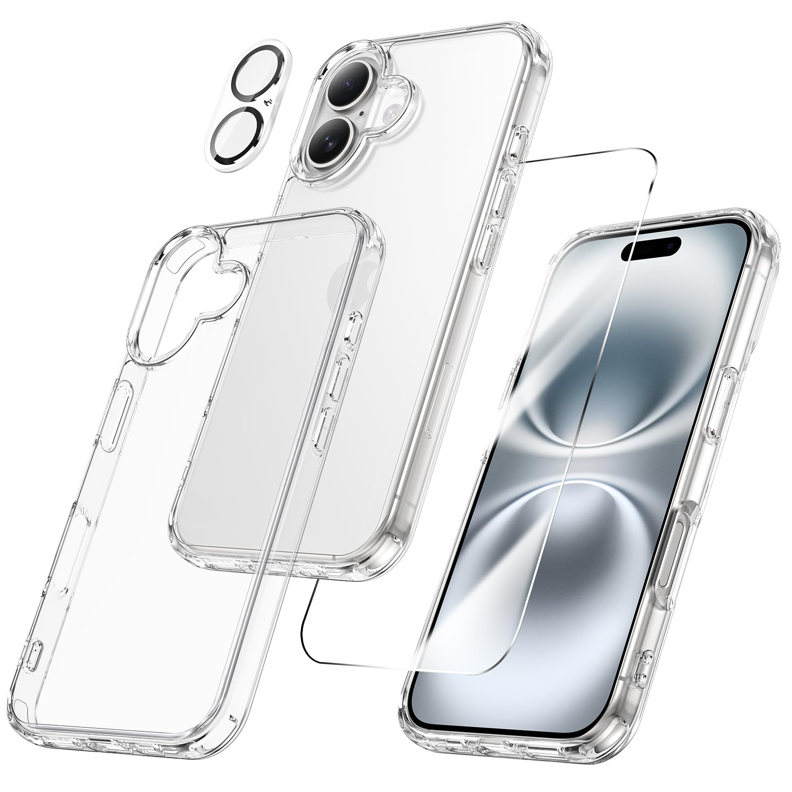 Maxdara [3 in 1 for iPhone 16 Clear Case, iPhone 16 Case with Tempered Glass Screen Protector and Camera Lens Protector Drop Protection Slim Phone